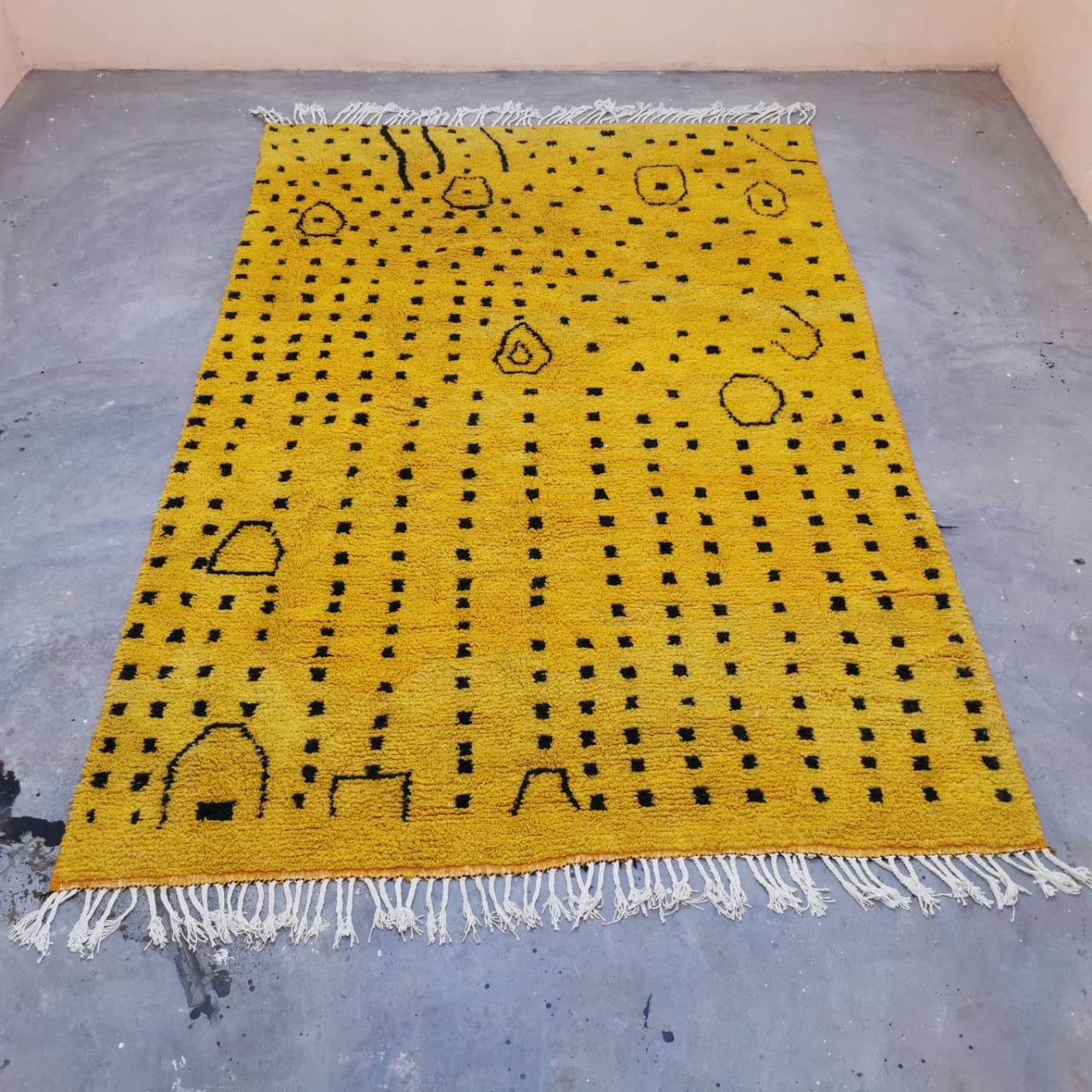 Yellow With Dark Dots Berber Rug  6.69 ft x 9.94 ft ( RA#9387 )